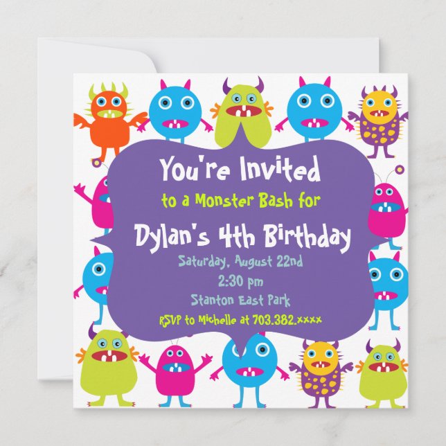 Cute Monster Anniversaire Fête Invitation Modèles (Devant)