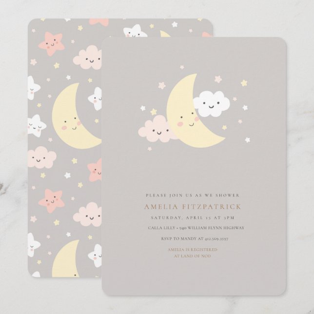 Cute Moon et Star Baby shower Invitation (Devant / Derrière)
