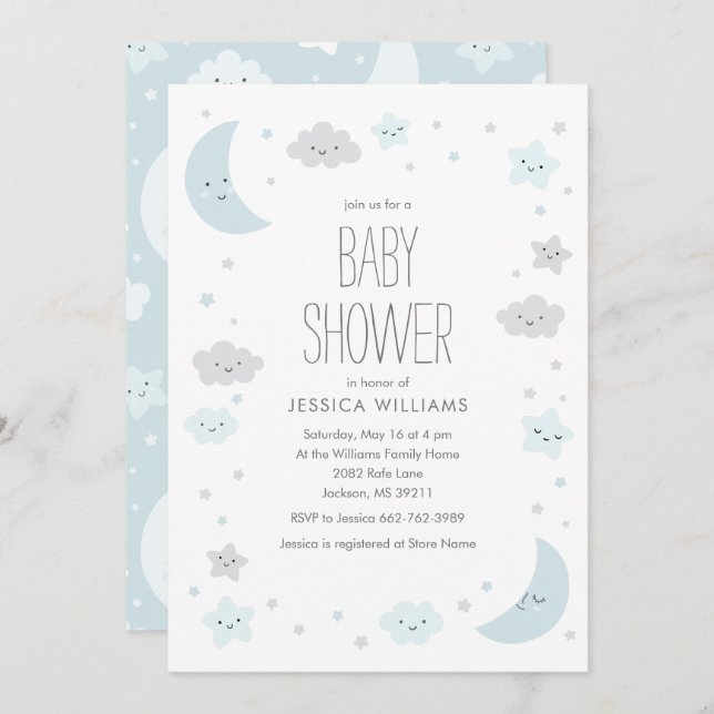 Cute Moon & Stars Frame Boy Baby shower Invitation (Devant / Derrière)