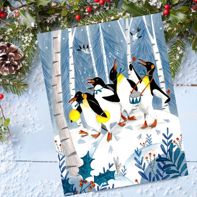 Cute musiciens bleus pingouins neige amusant carte (Cute blue musicians penguins snow fun holiday card)