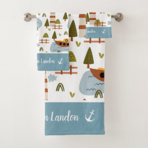 Cute Nautical Lighthouse and Boat Kid Motif