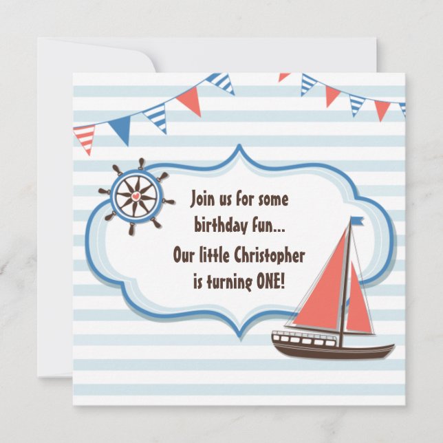 Cute Nautical Sailboat Boys 1er Invitation d'anniv (Devant)