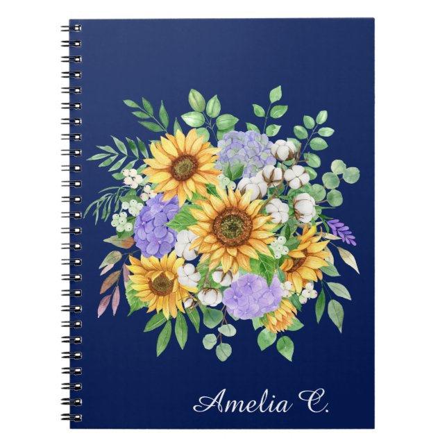 Cute Navy Blue Boho Wildflowers Notebook Journal (Devant)
