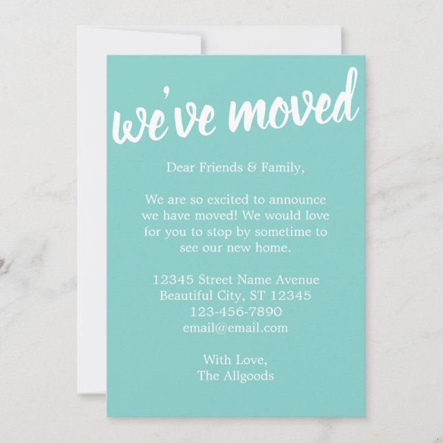 Cute Nous avons Déplacé Turquoise Faire-part de Dé (Devant)