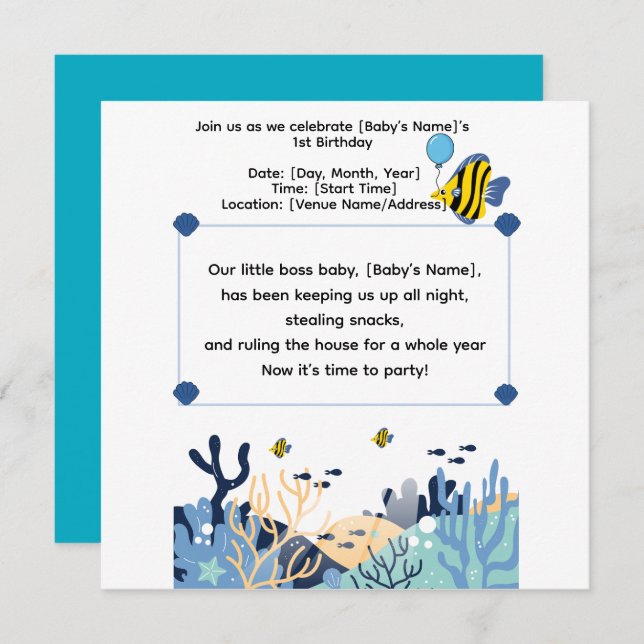 Cute Ocean First Birthday Celebration Invitation (Devant / Derrière)