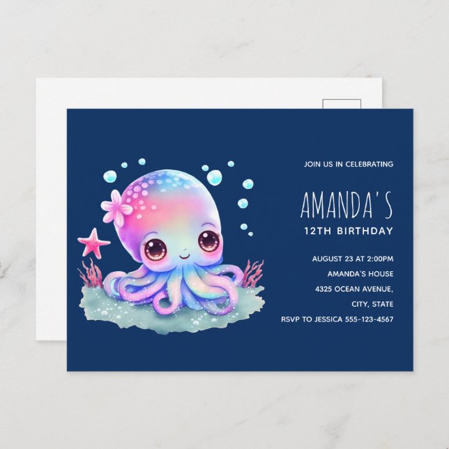 Cute Octopus Sea Creator Anniversaire Invitation (Devant / Derrière)