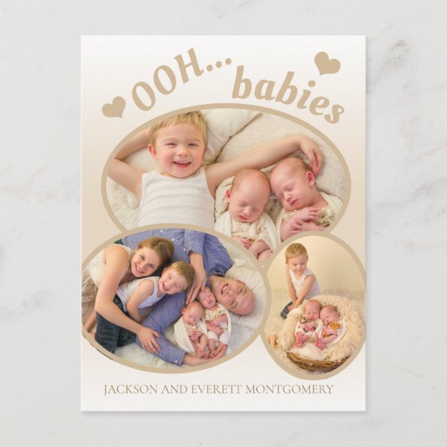 Cute Ooh Baby Twin Photo Tan Faire-part de naissan (Devant)