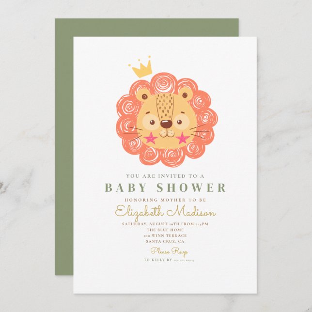 Cute Orange Lion King Baby shower Invitation (Devant / Derrière)
