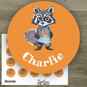 Cute Orange Raccoon Doodle Art Nom Étiquette