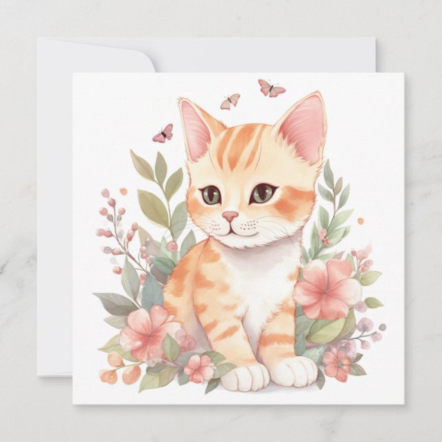 Cute orange Tabby Kitten avec Fleurs Aquarelle (Devant)