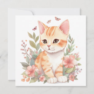 Cute orange Tabby Kitten avec Fleurs Aquarelle