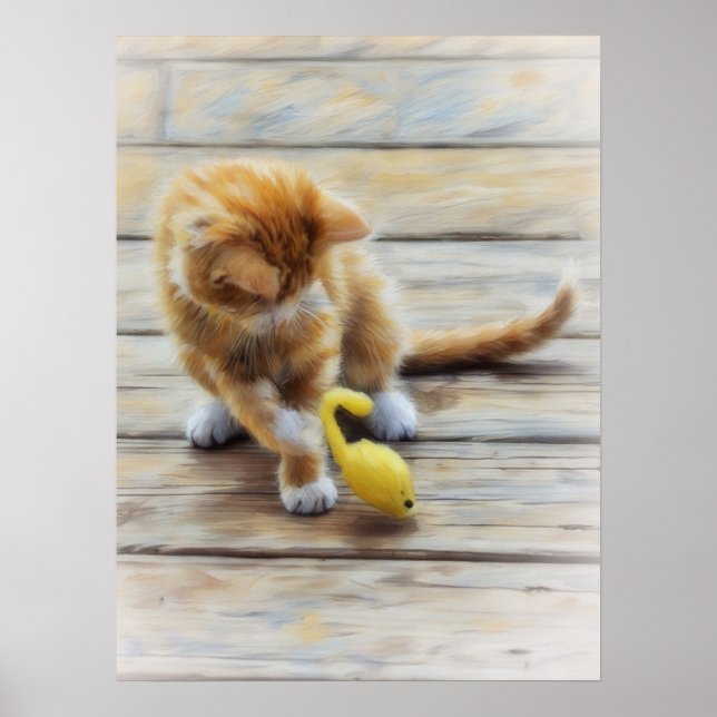 Cute Orange Tabby Kitten Souris Jouer Poster (Devant)