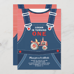 Cute Overalls Farm Tractor Boys Invitation d'anniv