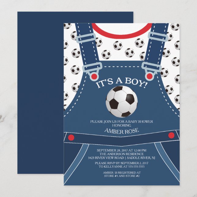Cute Overalls SOCCER Ball Baby shower Invitation (Devant / Derrière)
