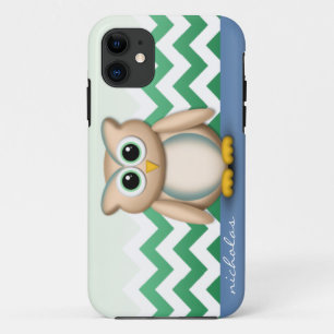 Cute Owl - Blue & Green Chevron iPhone 5 Coque
