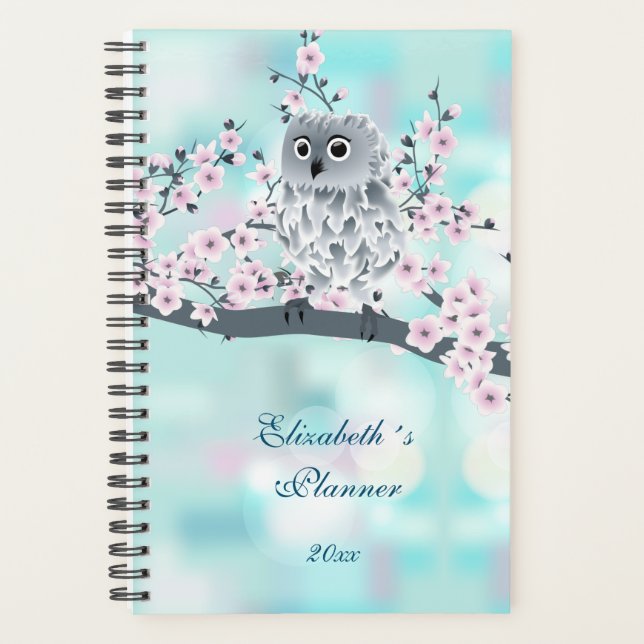Cute Owl Cherry Blossom Pink Turquoise Ajouter un  (Devant)