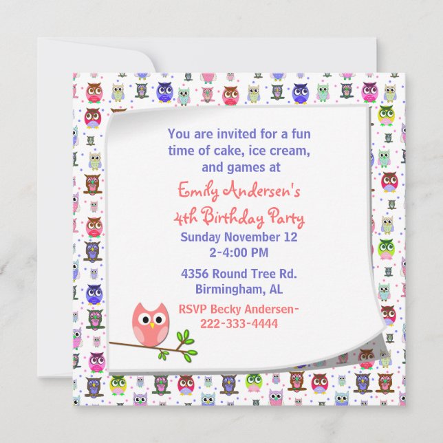 Cute Owl sur une branche Invitation d'anniversaire (Devant)