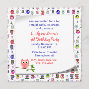 Cute Owl sur une branche Invitation d'anniversaire