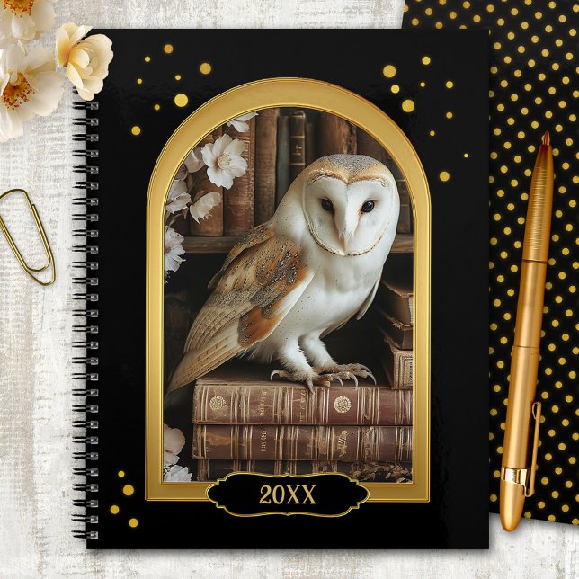Cute Owl Teacher Class Year  (Gold and black year planner featuring a cute barn owl on books, surrounded by festive confetti)