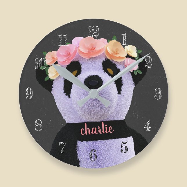 Cute Panda Bear Black and White Rustique Horloge (A cute panda bear with flowers in her hair. Just add your name)