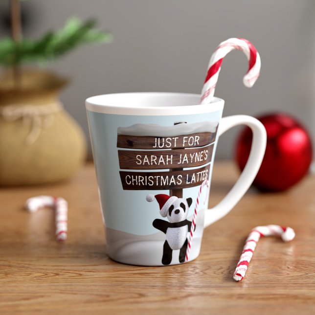 Cute Panda Bear Festive Noël Café Latte Mug (For peppermint lattes and gingerbread ones too. Just add your name to this festive panda latte mug)