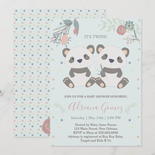 Cute Panda Bears Twins Baby shower Invitation (Devant / Derrière)