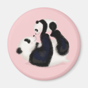 Cute panda mère et petit aimant rond (rose)
