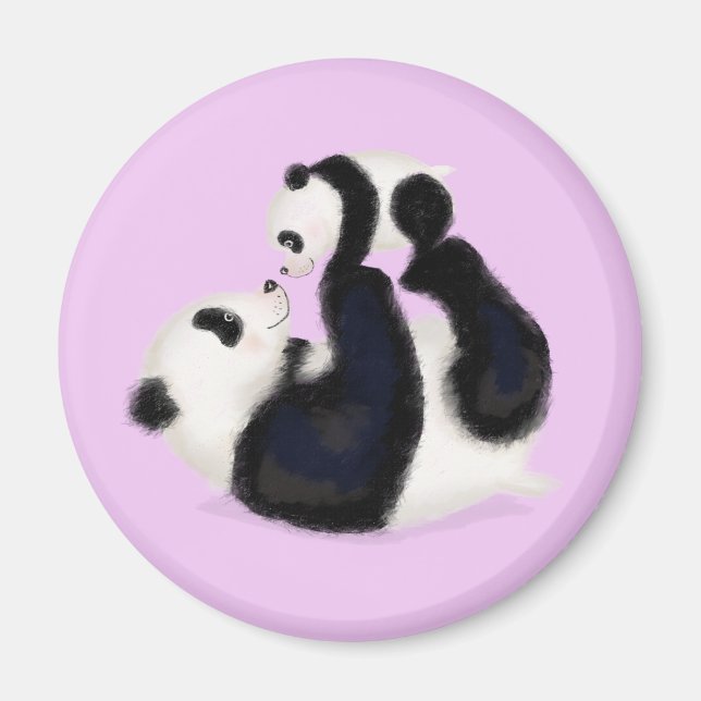 Cute panda mère et petit aimant rond (violet) (Devant)