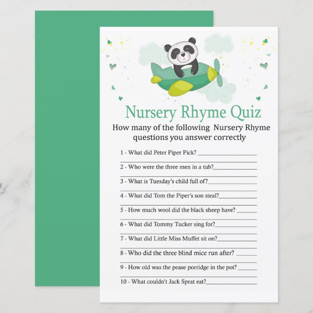 Cute panda Nursery Rhyme Quiz jeu de baby shower (Devant / Derrière)