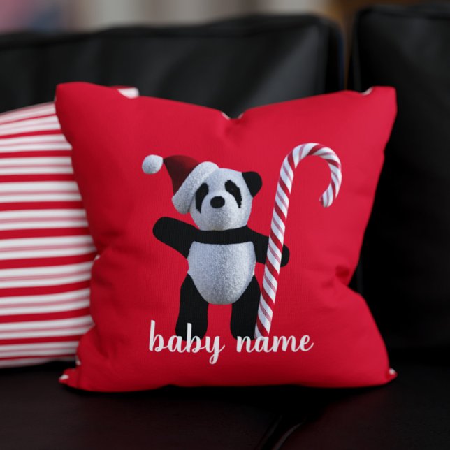 Cute Panda Ours Rouge Noël Fêtes Jouer Oreiller (A festive red Panda Pillow just for you! Add your name 🐼)