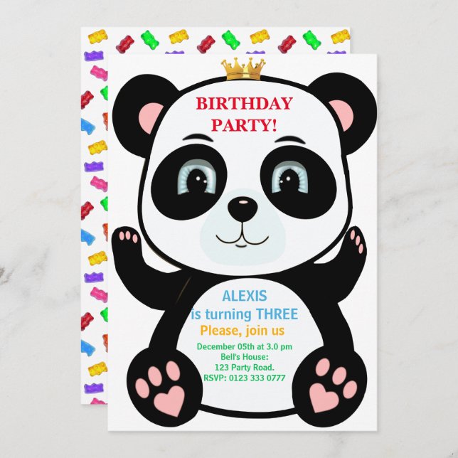 Cute Panda Ours & Sweets Multicolores Invitation (Devant / Derrière)