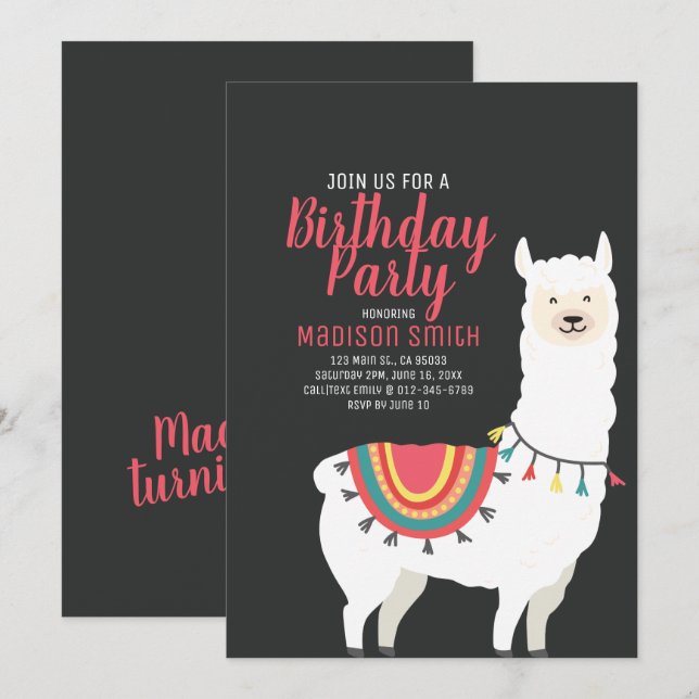 Cute Party Llama et Balloon Invitation Anniversair (Devant / Derrière)