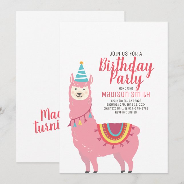 Cute Party Llama et Balloon Invitation Anniversair (Devant / Derrière)