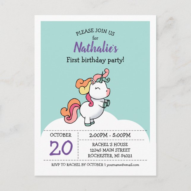 Cute pastel unicorn 1ère invitation (Devant)