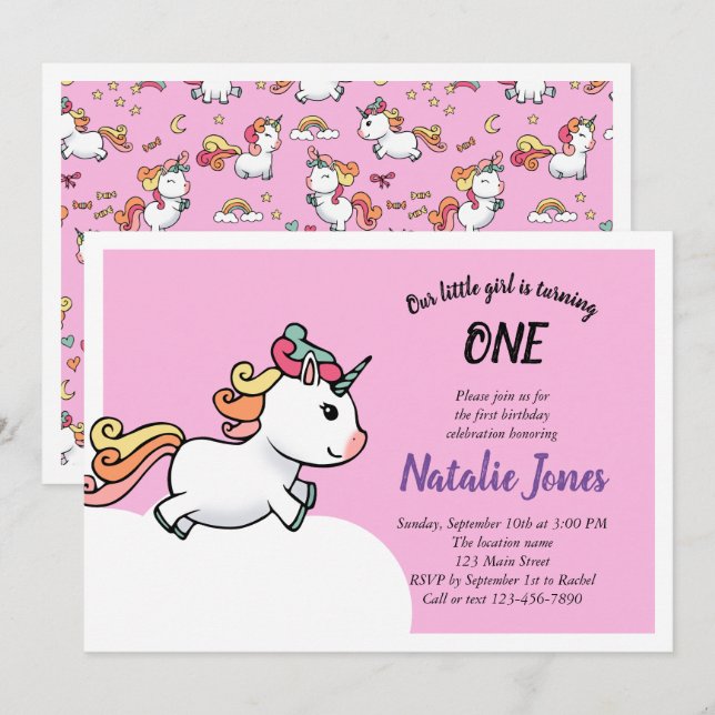 Cute pastel unicorn 1ère invitation (Devant / Derrière)