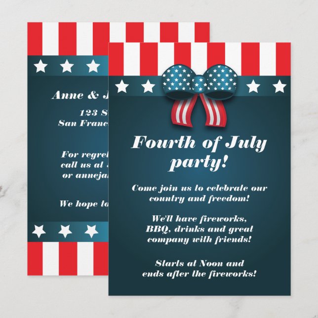 Cute Patriotic Bow 4 juillet Invitations (Devant / Derrière)
