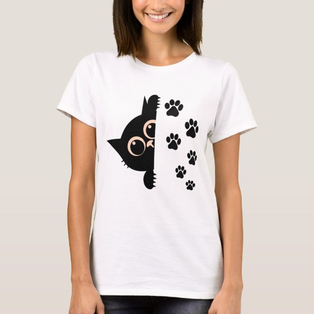 Cute Peeking Cat T-Shirt with Paw Prints (Devant)
