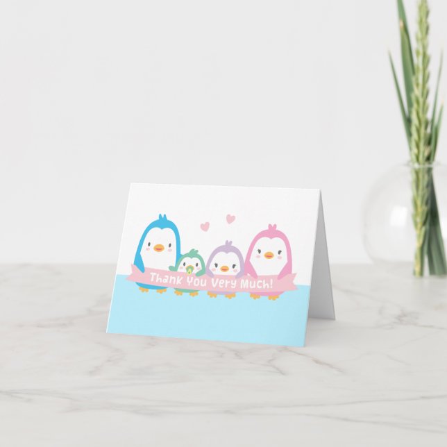 Cute Penguin Famille Baby shower Merci Cartes (Devant)