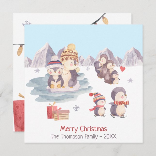 Cute Penguin Famille Joyeux Noël Carte (Devant / Derrière)