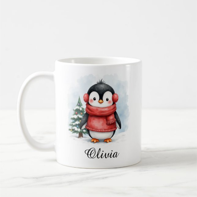Cute Penguin in Sweater Custom Name Mug (Gauche)