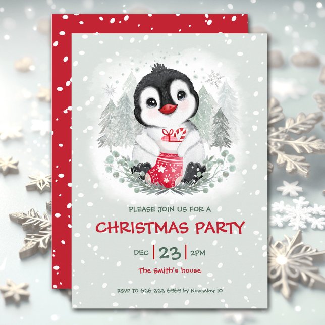 Cute Penguin Neige Glace Rouge Noël Invitation (Cute Penguin Snow Ice Red Christmas Invitation)