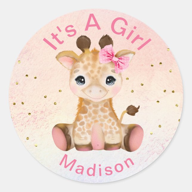 Cute Personalized Girls Pink Baby Girafe Sticker (Devant)