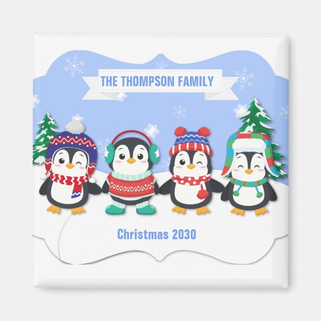 Cute Personnalisé Quatre Pingouins Magnet de Noël (Devant)