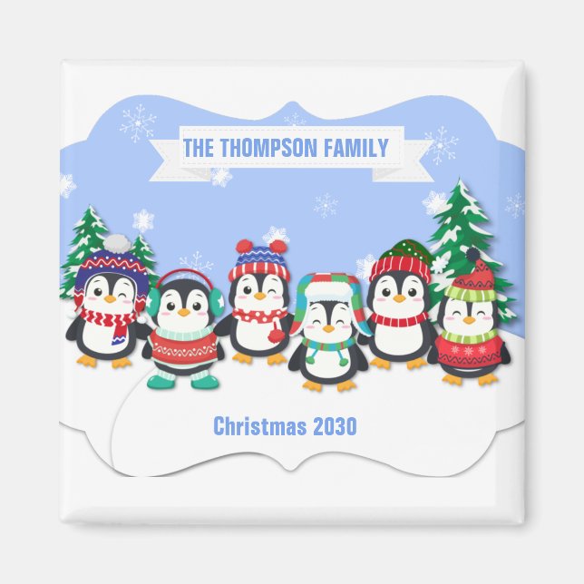 Cute Personnalisé Six Pingouins Magnet de Noël (Devant)