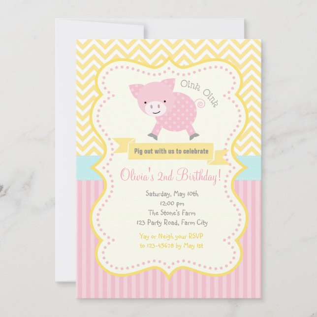 Cute Pig / Piggy Pastel Invitation d'anniversaire (Devant)