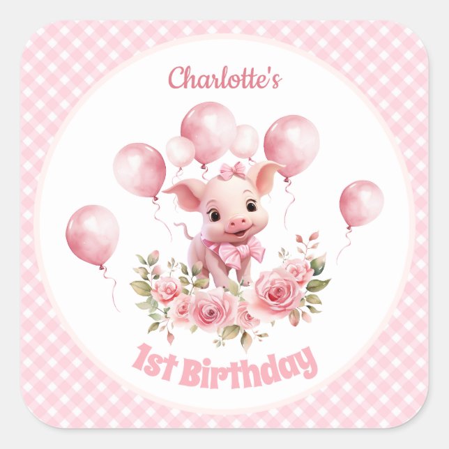 Cute Pig Pink Farm Girl 1er Anniversaire Stickers (Devant)