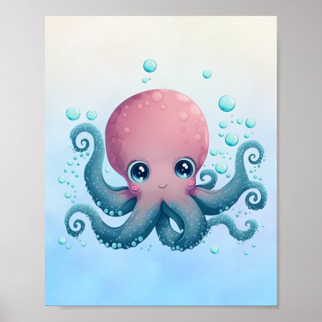 Cute pink and blue baby octopus poster (Devant)