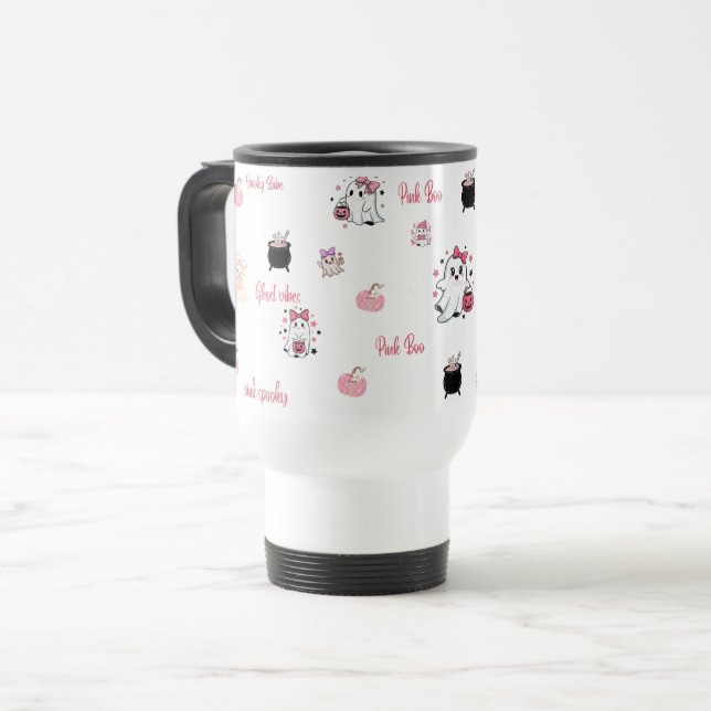 Cute Pink Boo Ghost Travel Mug | (Devant gauche)