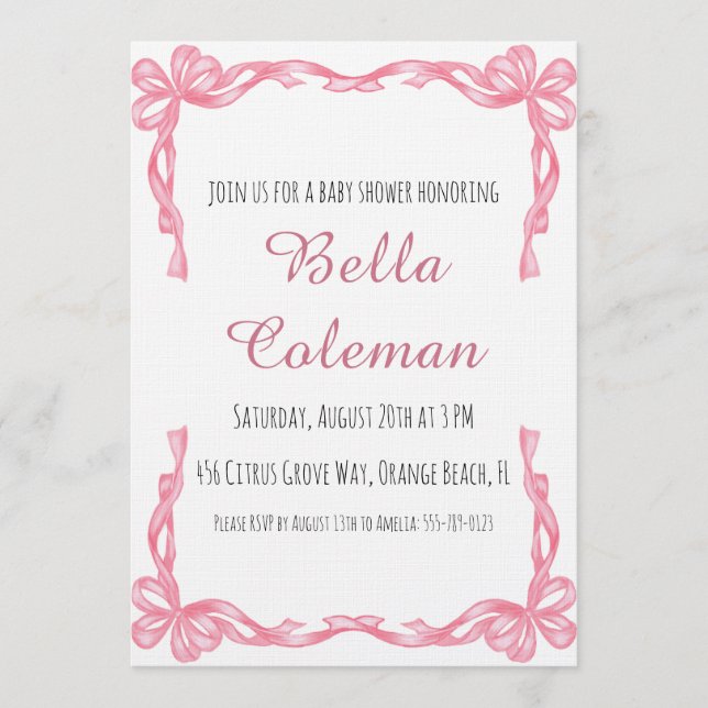 cute pink bow baby shower invitation (Devant)