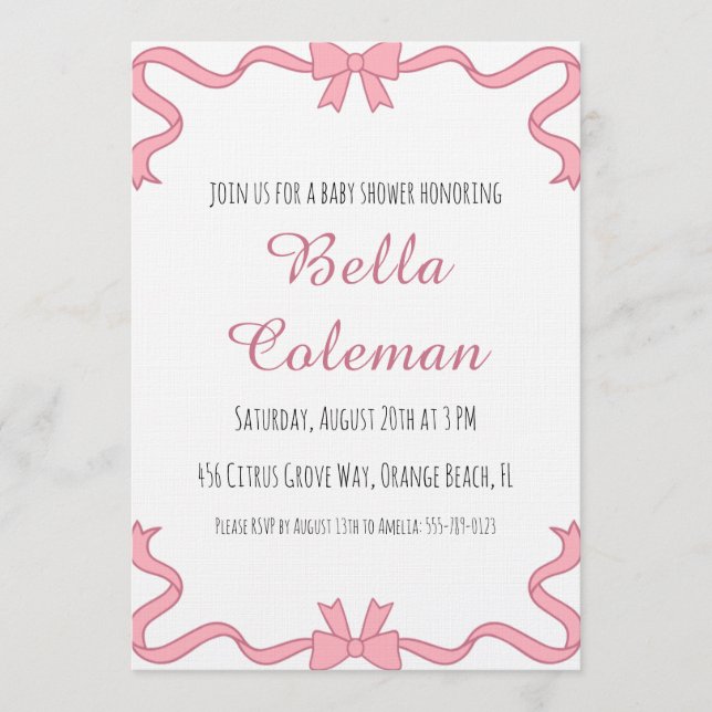 cute pink bow baby shower invitation (Devant)